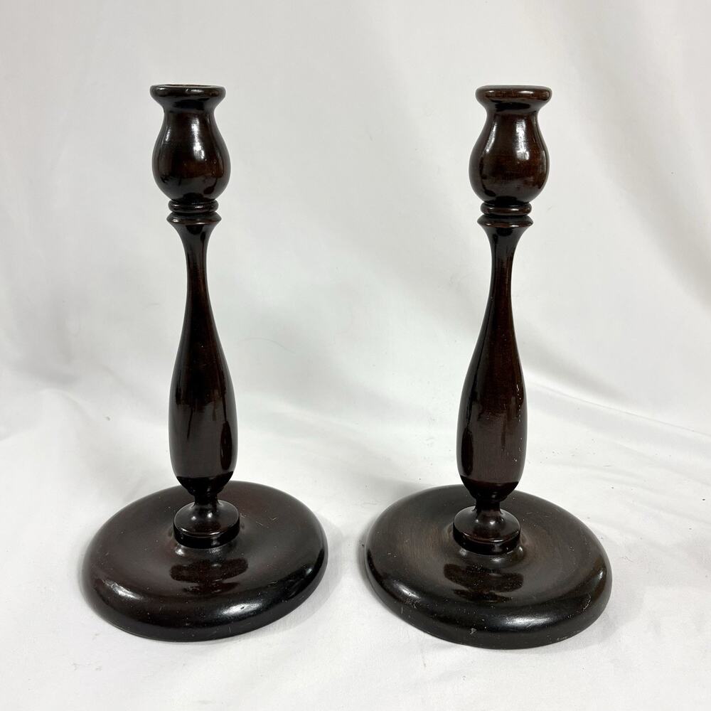 Vintage Turned Wood Candlestick Holders Dark Finish Large 11.5” Pair / Set of 2